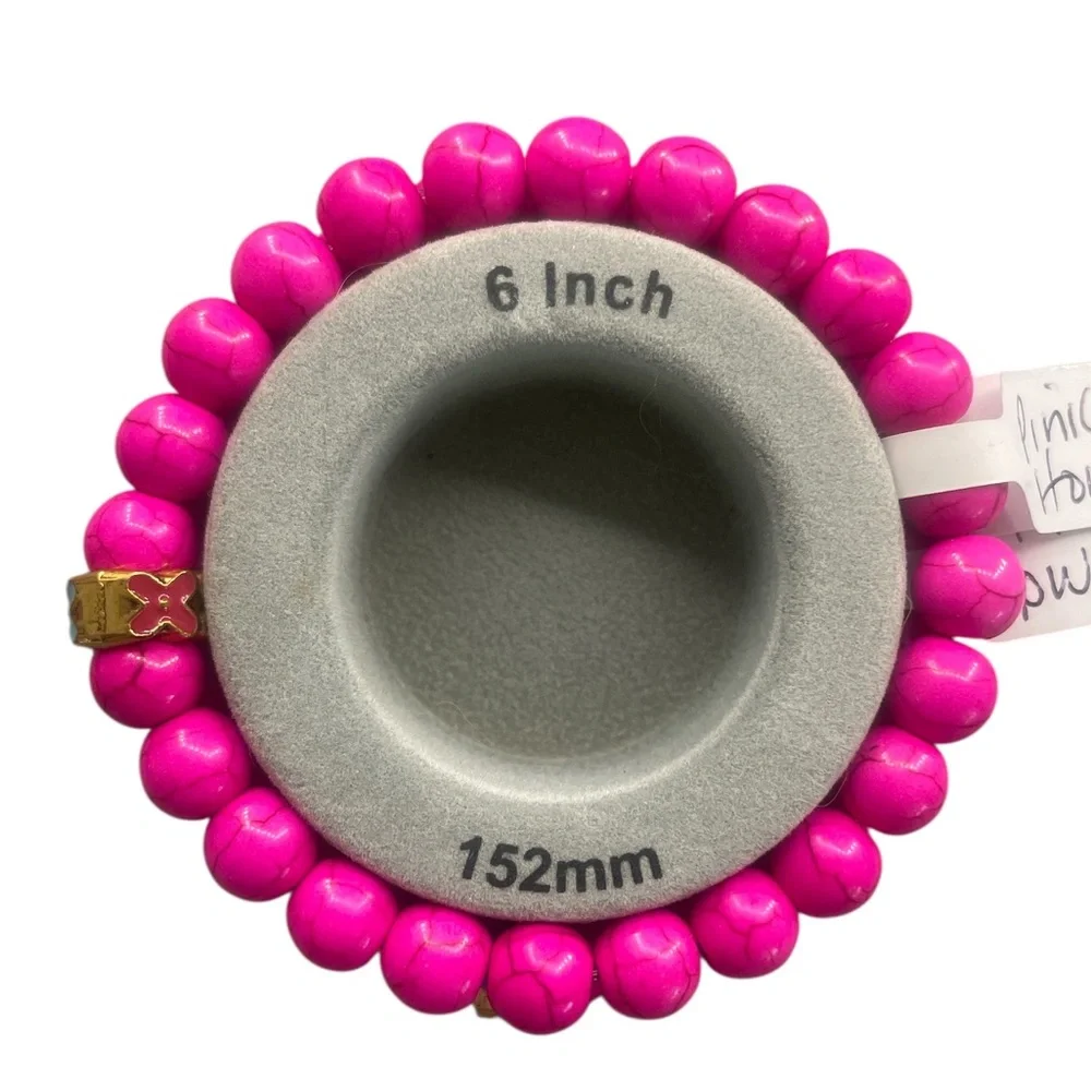 Pink Howlite gemstone bracelet, gold flower center,stretch - Picture 4 of 7